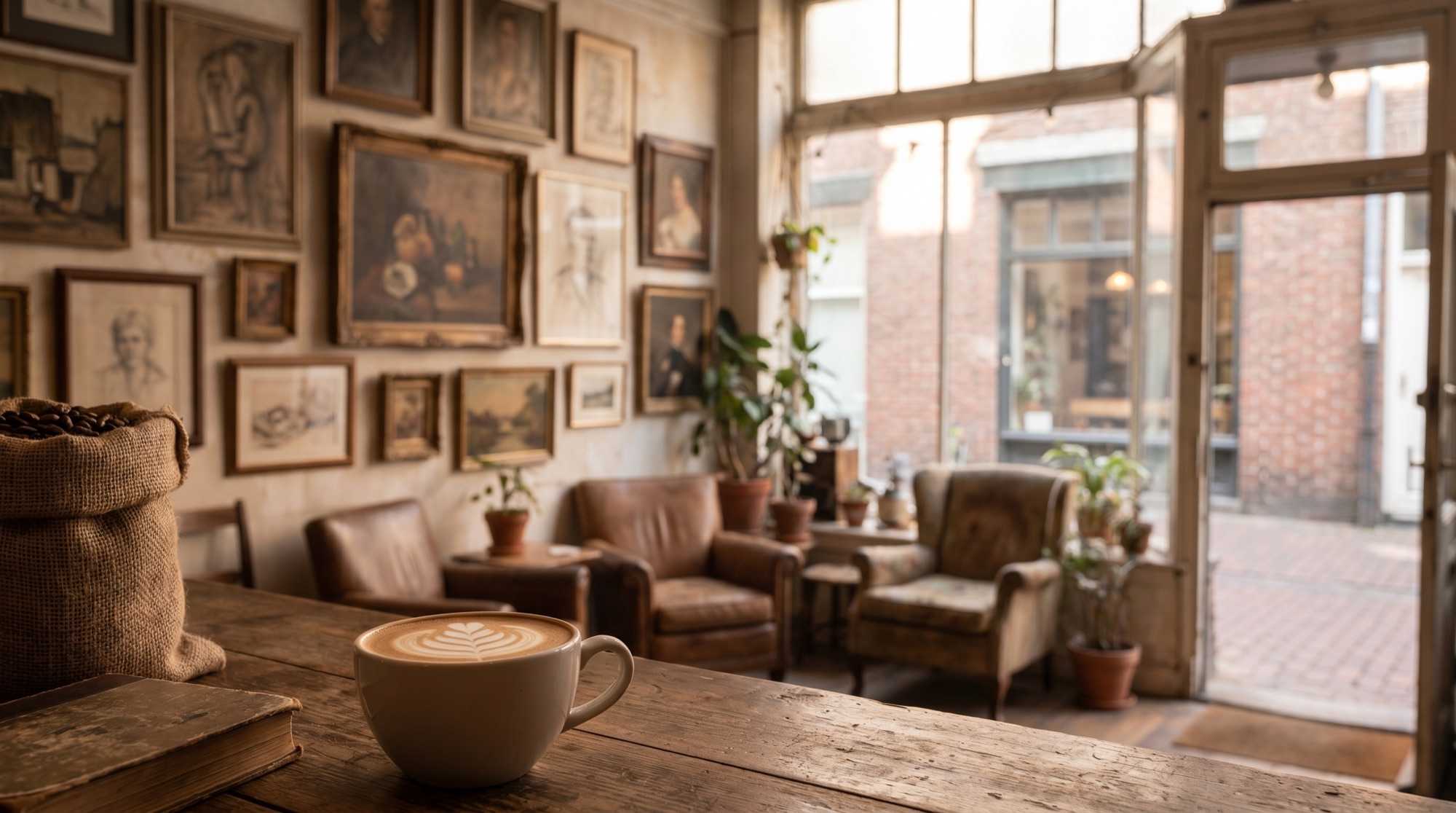 An iced matcha latte on a worn wooden bar at Our Place Coffeehouse, with a vintage turntable, tube amplifier and a wall of vinyl records glowing behind